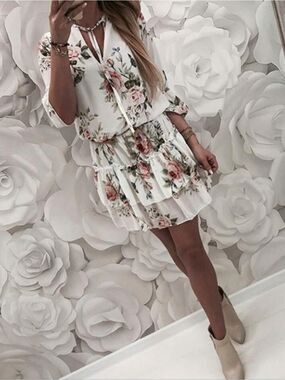 Fairycore Floral Tiered Ruffle Minidress Long Blouson Sleeves High Waist Medium